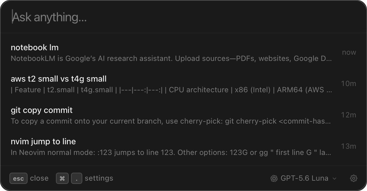 The PingAsk panel on macOS: an ask field above recent threads (notebook lm, aws t2 small vs t4g small, git copy commit) with the model picker in the footer